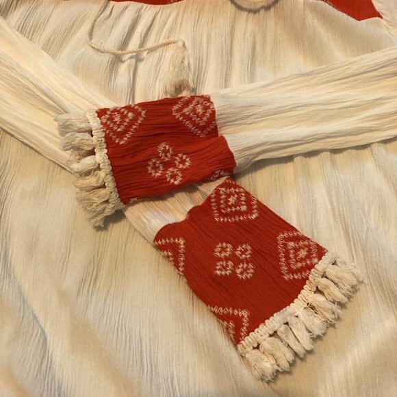 BEACHLUNCHLOUNGE Boho Top Women's Size Large White Orange Beachwear Gauzy - Picture 7 of 9